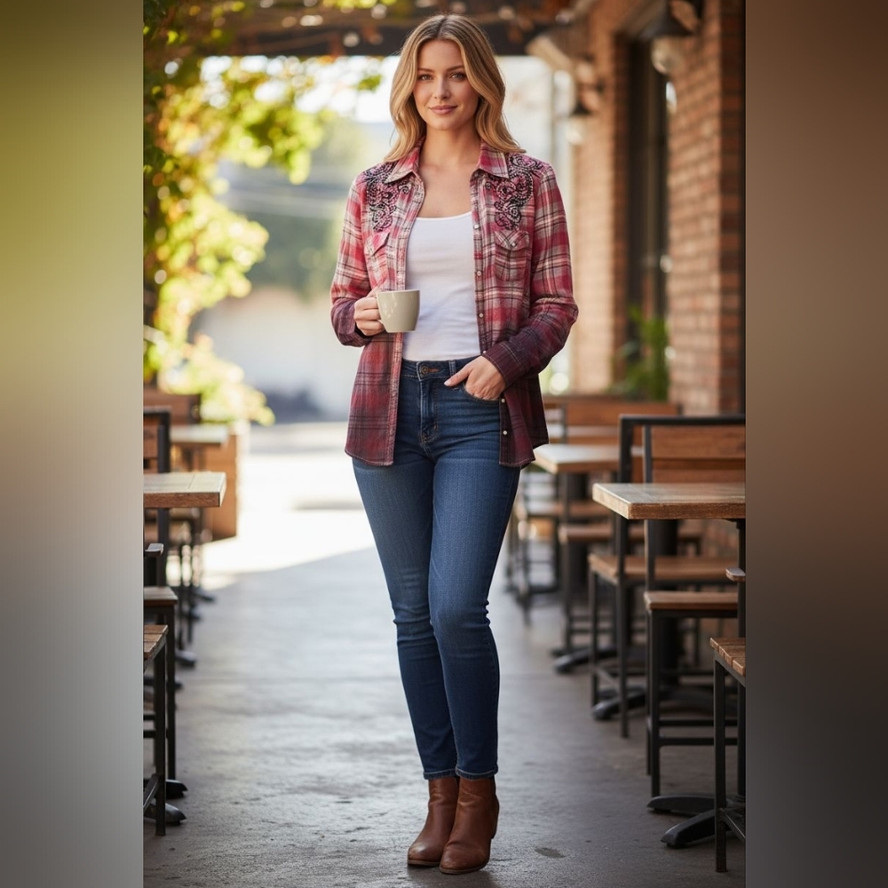 😻 3/$30 Red Gradient Button-Down Embroidered Western Shirt size Medium